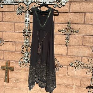 Common Thread Beaded Embroidered Maxi Dress Small Black V-neck Lagenlook Artsy